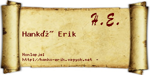 Hankó Erik névjegykártya